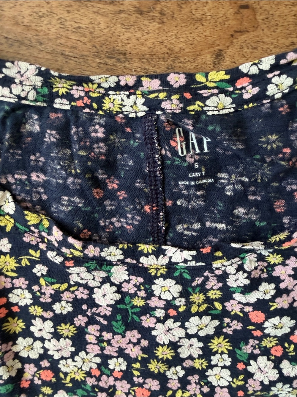 GAP Navy Floral Short Sleeve Crewneck Tee with Pink, White & Green Accents - Picture 2 of 3